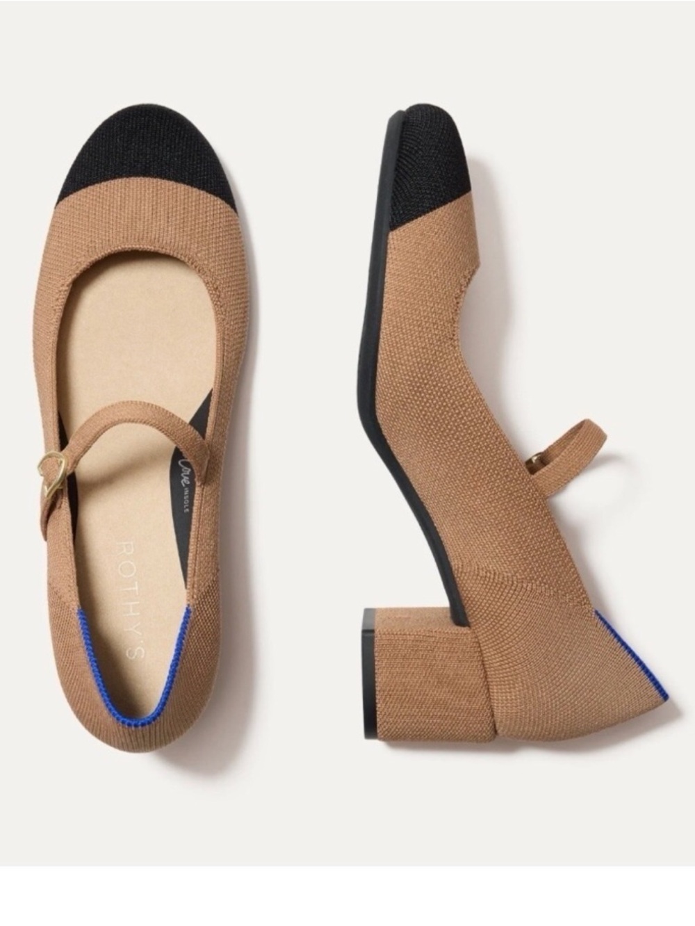Rothy's Women's Tan and Black Mary Jane Knit Block Heels Size 9.5